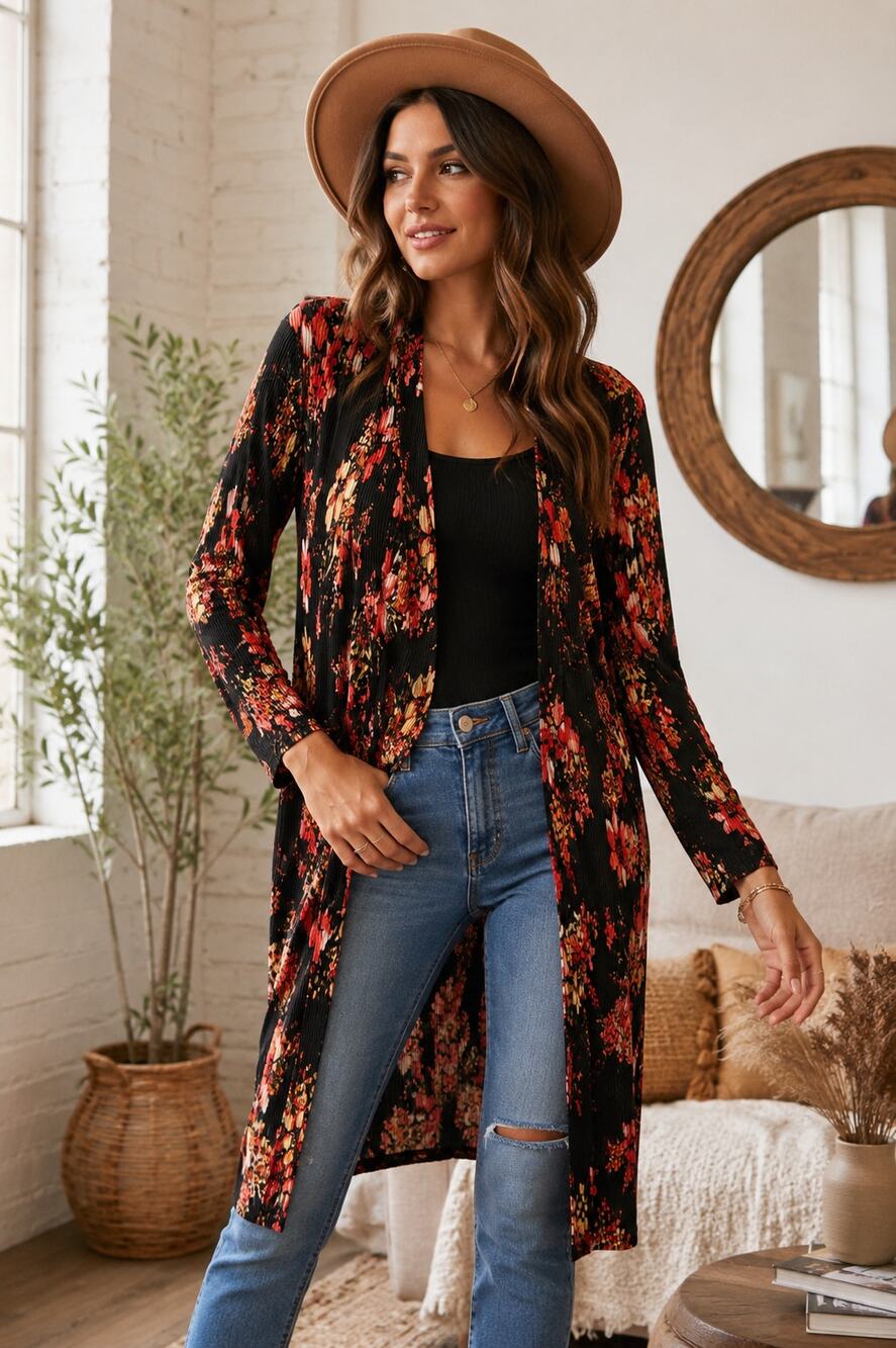 Frumos Floral Pleated Duster Cardigan Black Red Pink Boho Open Front M